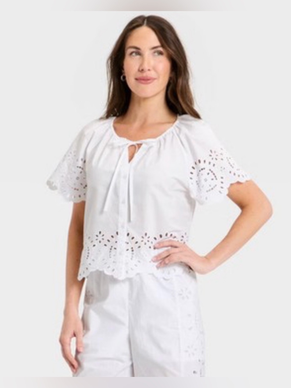 White Eyelet Tie-Neck Top